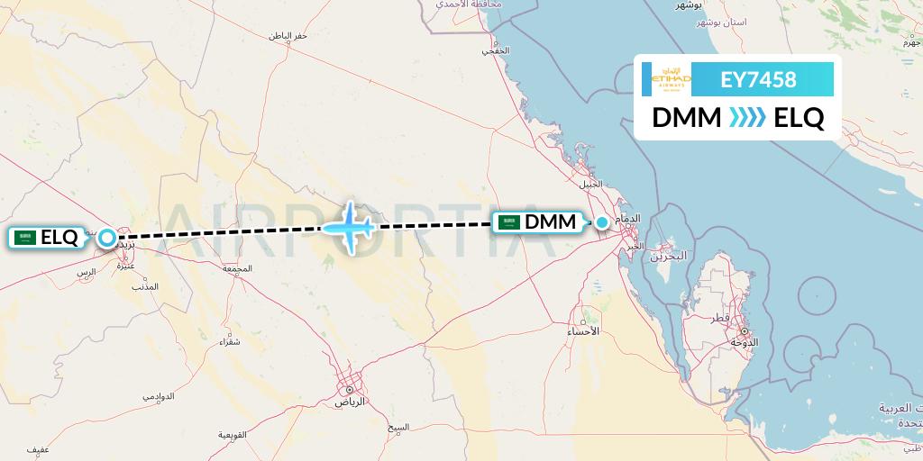 EY7458 Etihad Airways Flight Map: Dammam to Al-Qassim