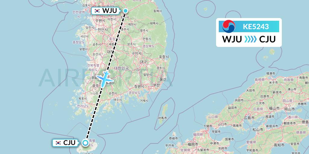KE5243 Korean Air Flight Map: Wonju to Jeju