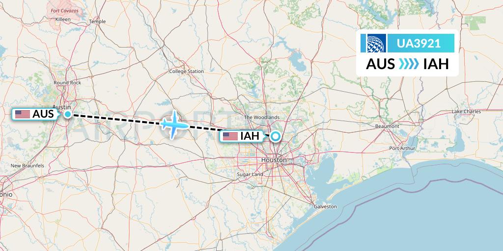 UA3921 United Airlines Flight Map: Austin to Houston