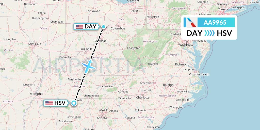 AA9965 American Airlines Flight Map: Dayton to Huntsville