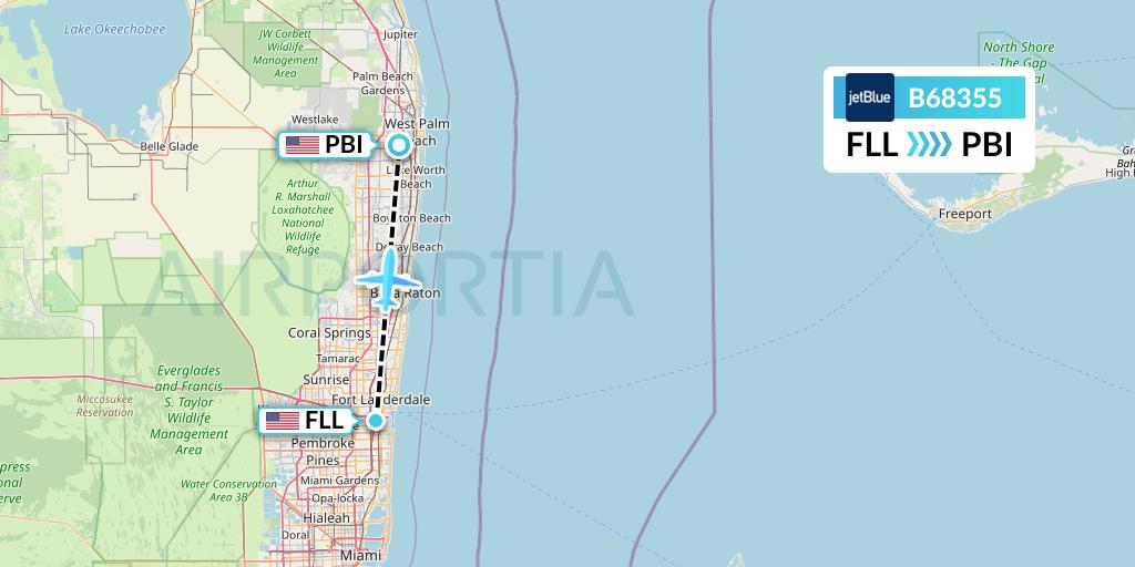 B68355 JetBlue Airways Flight Map: Fort Lauderdale to West Palm Beach