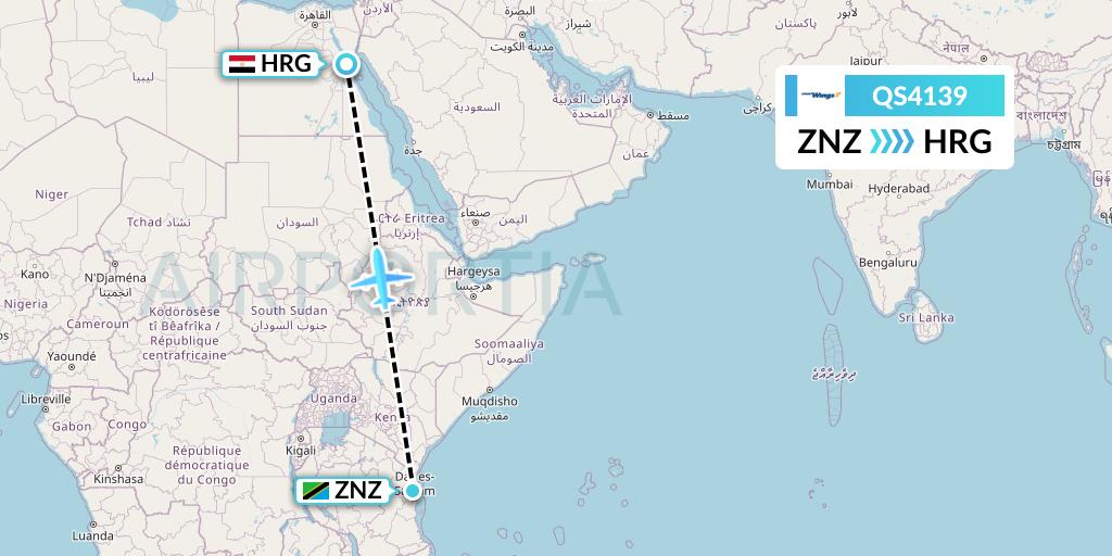 QS4139 Smartwings Flight Map: Zanzibar to Hurghada