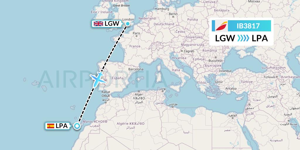 IB3817 Iberia Flight Map: London to Las Palmas