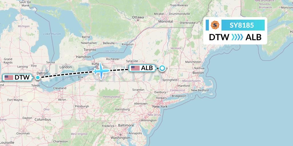 SY8185 Sun Country Airlines Flight Map: Detroit to Albany