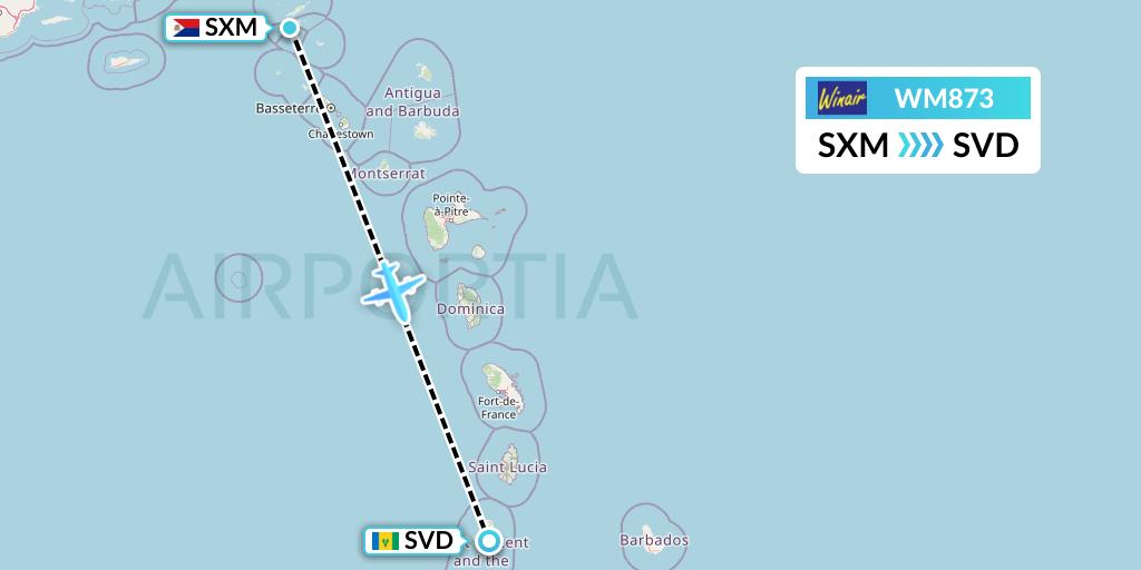 WM873 Winair Flight Map: Sint Maarten to Kingstown
