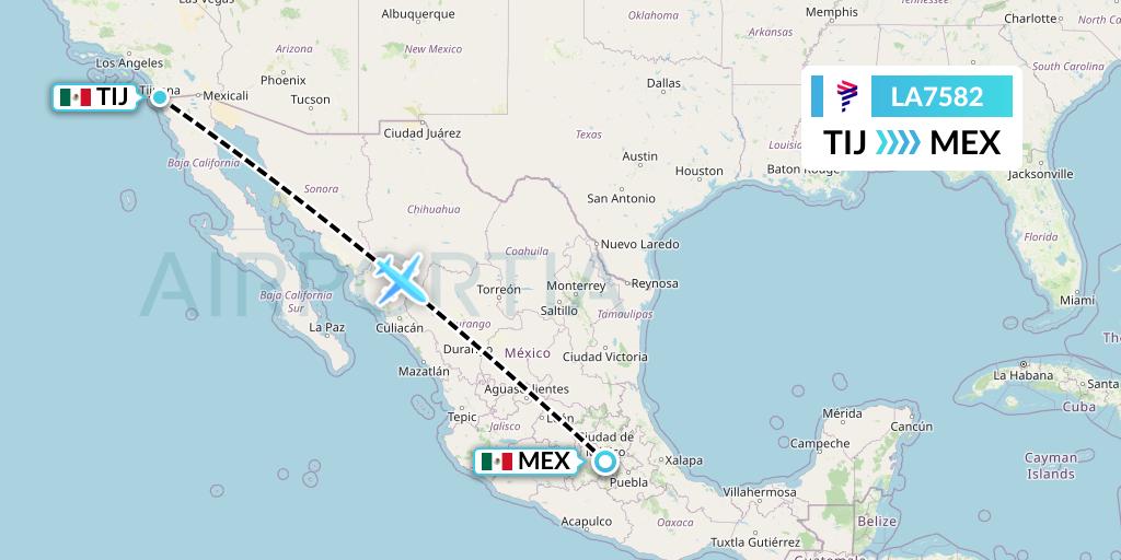 LA7582 LAN Airlines Flight Map: Tijuana to Mexico City