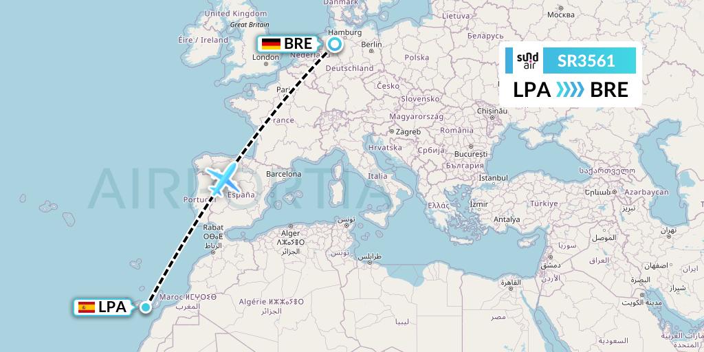 SR3561 SundAir Flight Map: Las Palmas to Bremen