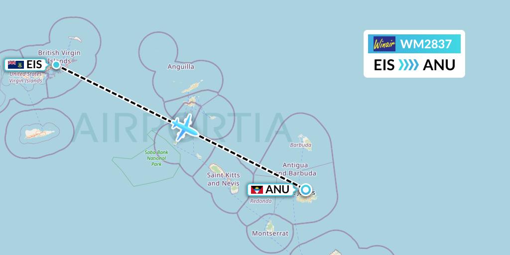 WM2837 Winair Flight Map: Beef Island to Antigua