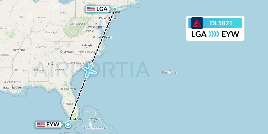 DL5821 Delta Air Lines Flight Map: New York to Key West