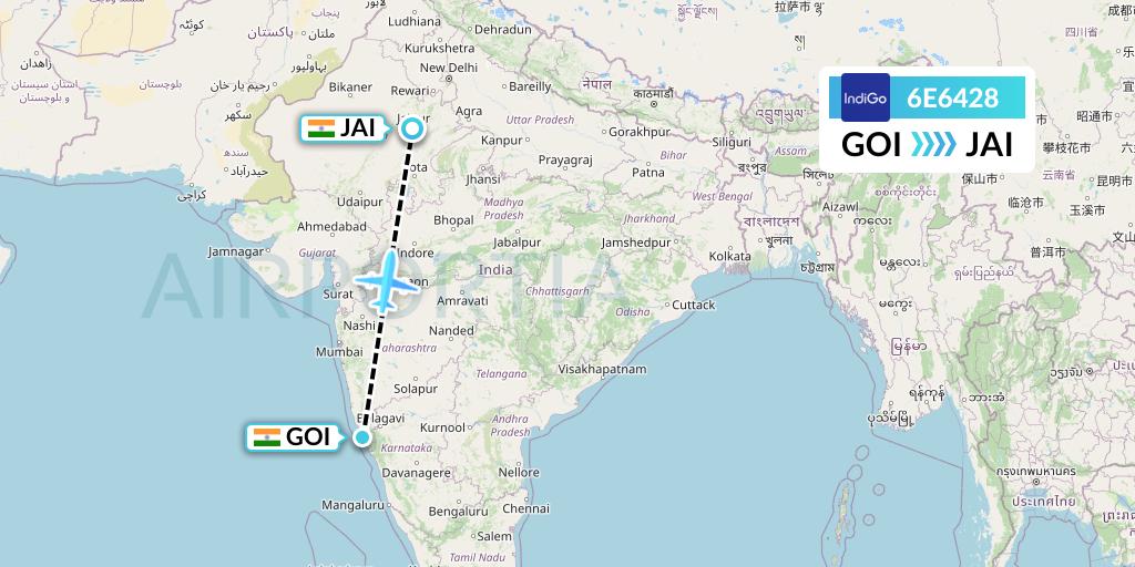 6E6428 IndiGo Airlines Flight Map: Goa to Jaipur