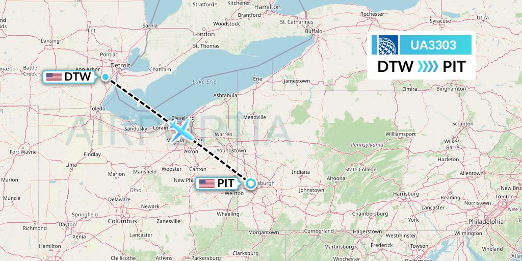 UA3303 United Airlines Flight Map: Detroit to Pittsburgh