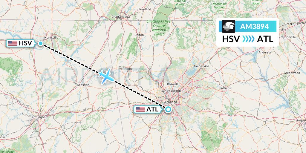 AM3894 Aeromexico Flight Map: Huntsville to Atlanta