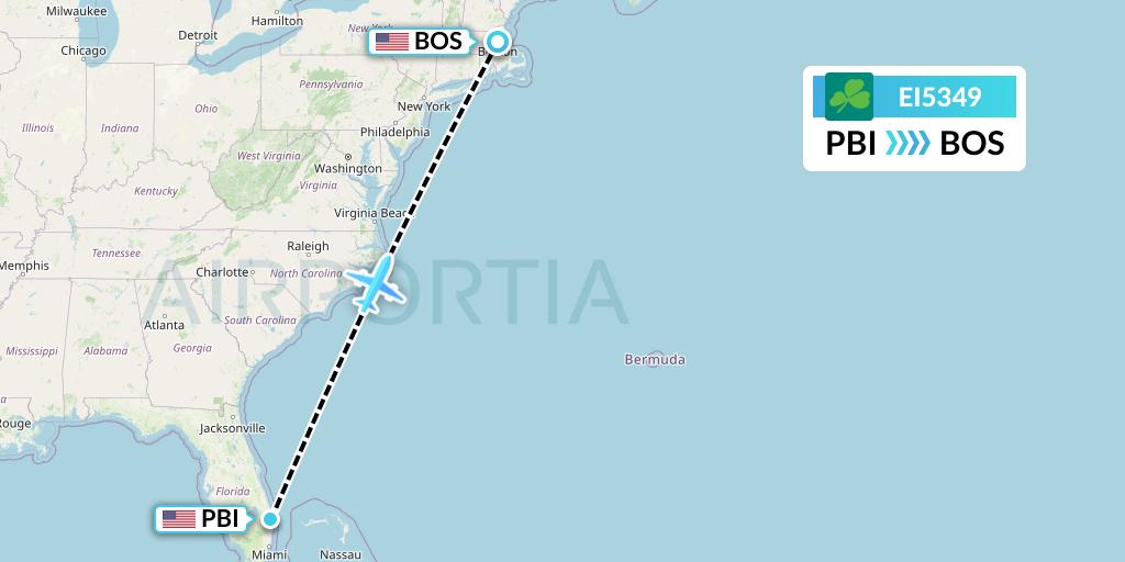 EI5349 Aer Lingus Flight Map: West Palm Beach to Boston