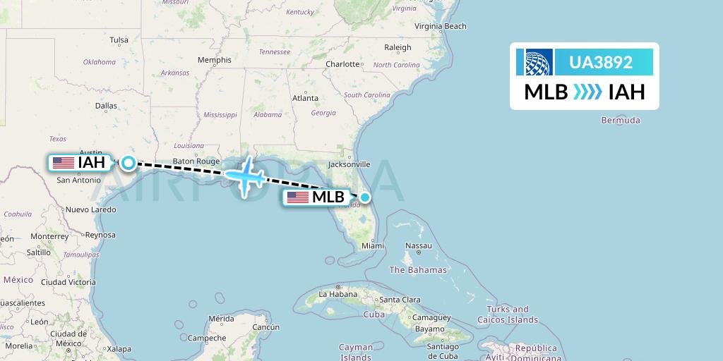 UA3892 United Airlines Flight Map: Melbourne to Houston