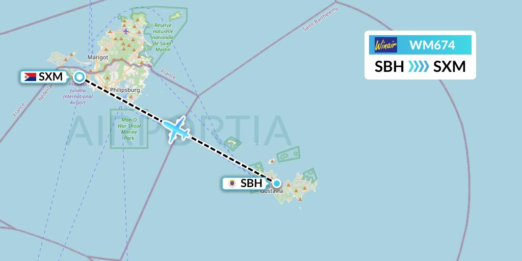 WM674 Winair Flight Map: St. Jean to Sint Maarten