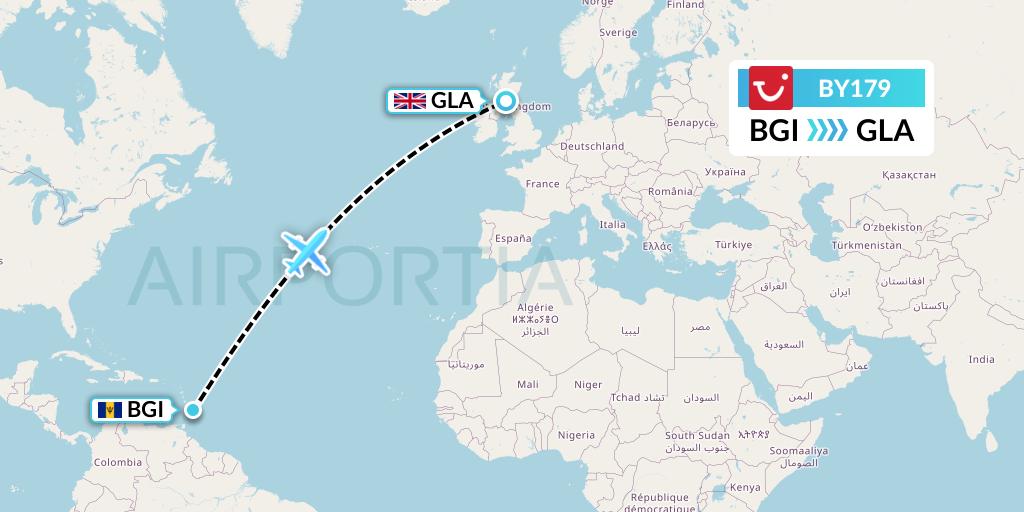 BY179 TUI Airways Flight Map: Bridgetown to Glasgow