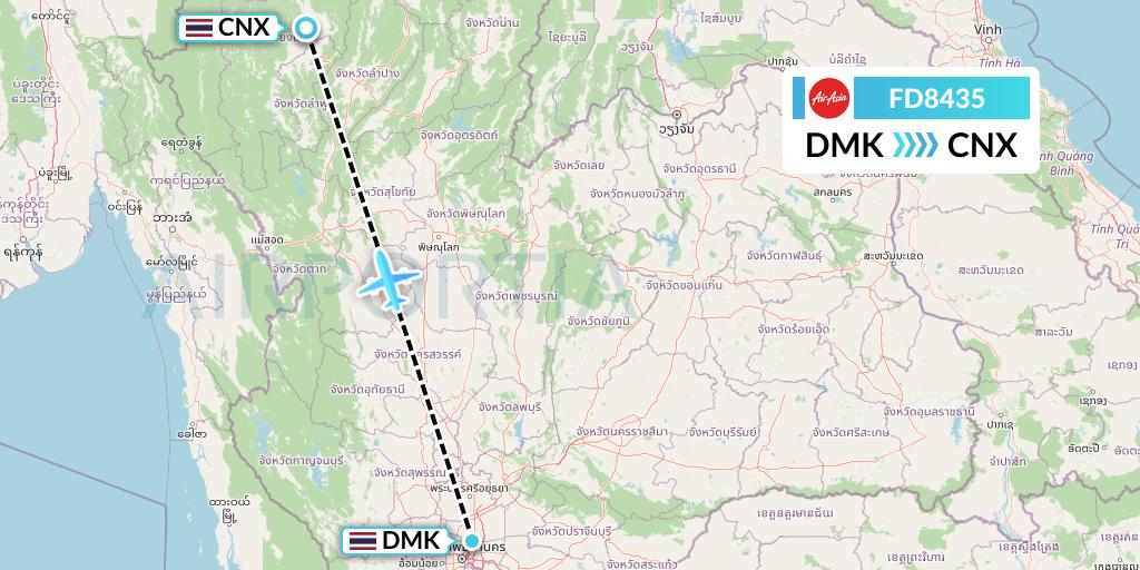 FD8435 Thai AirAsia Flight Map: Bangkok to Chiang Mai