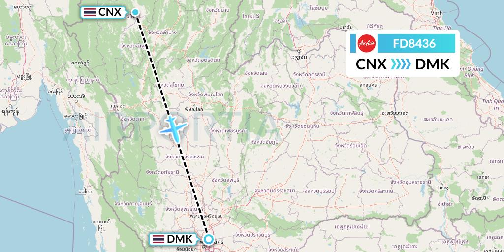 FD8436 Thai AirAsia Flight Map: Chiang Mai to Bangkok