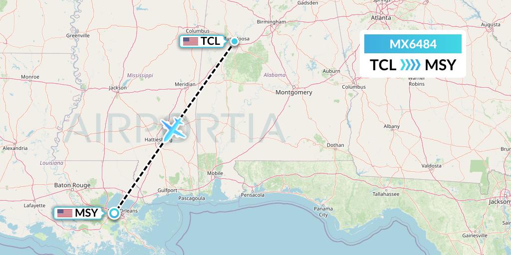 MX6484 Breeze Airways Flight Map: Tuscaloosa to New Orleans