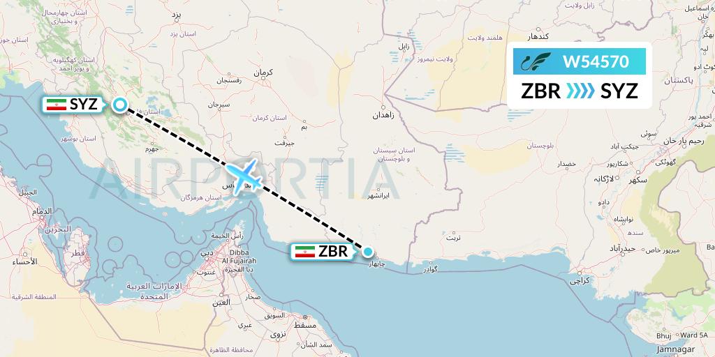 W54570 Mahan Air Flight Map: Chabahar to Shiraz