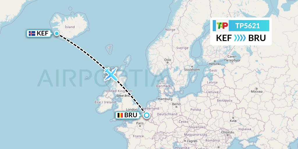 TP5621 TAP Portugal Flight Map: Reykjavik to Brussels