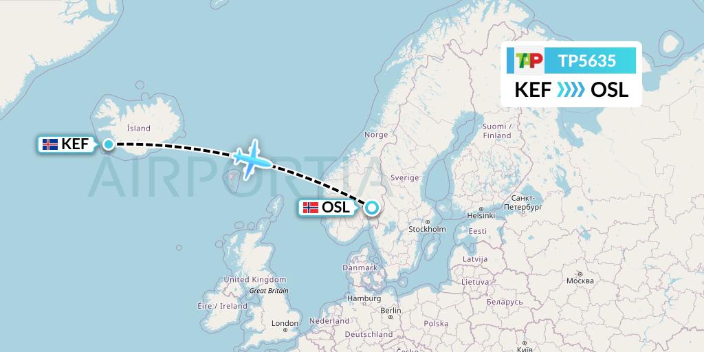TP5635 TAP Portugal Flight Map: Reykjavik to Oslo