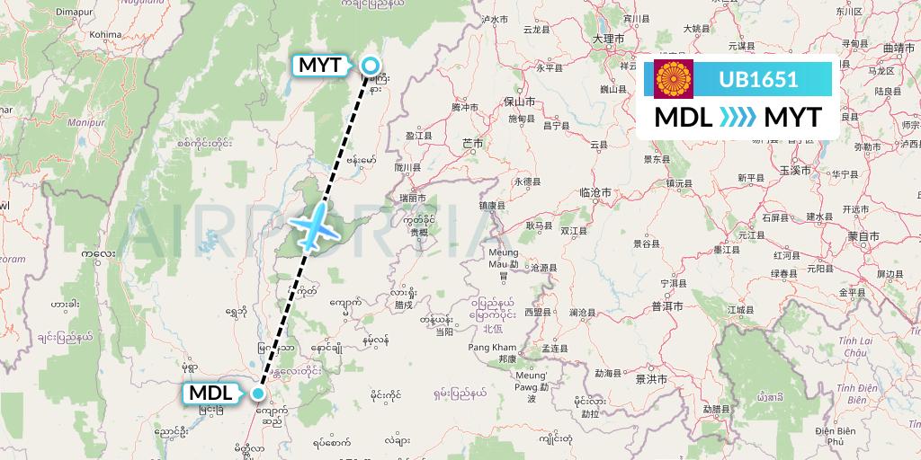 UB1651 Myanmar National Airlines Flight Map: Mandalay to Myitkyina