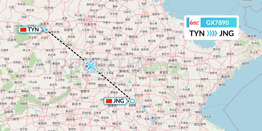 GX7890 GX Airlines Flight Map: Taiyuan to Jining