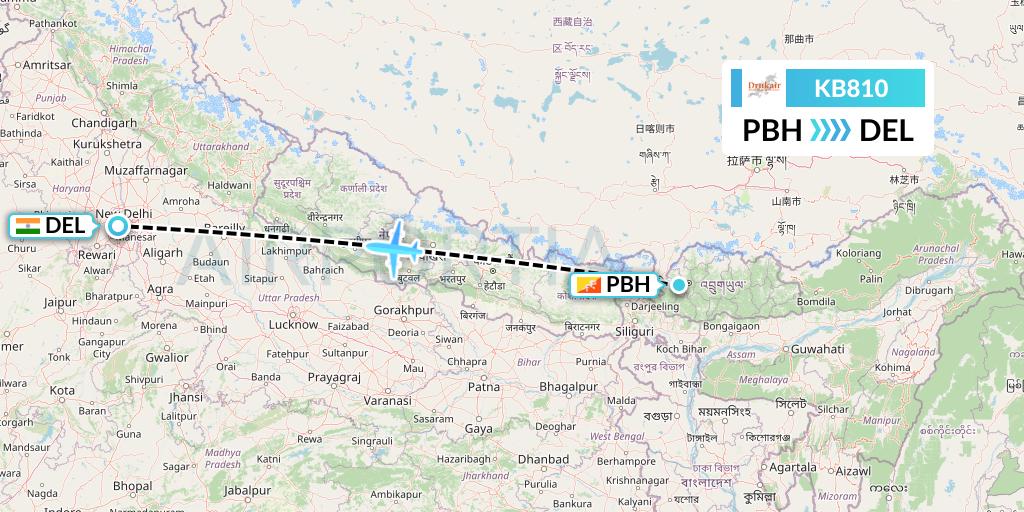 KB810 Druk Air Flight Map: Paro to Delhi