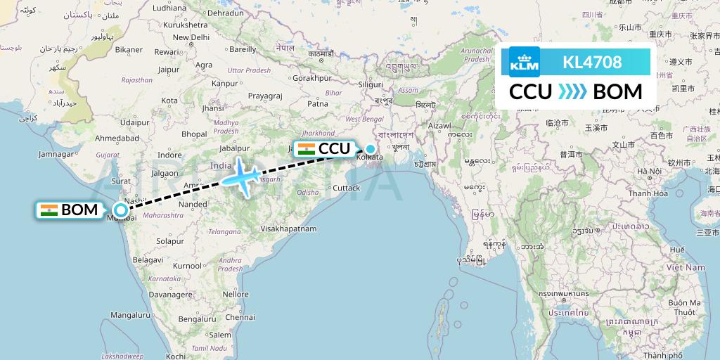 KL4708 KLM Flight Map: Kolkata to Mumbai