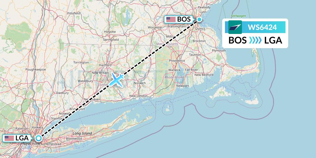 WS6424 WestJet Flight Map: Boston to New York