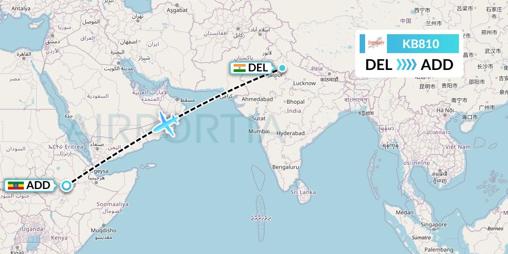 KB810 Druk Air Flight Map: Delhi to Addis Ababa