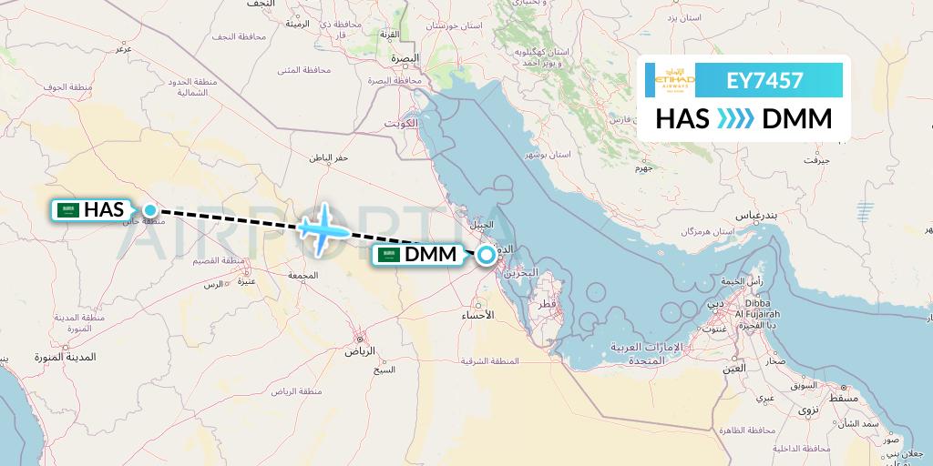 EY7457 Etihad Airways Flight Map: Ha'il to Dammam