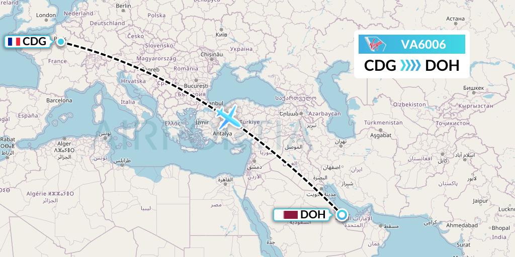 VA6006 Virgin Australia Flight Map: Paris to Doha