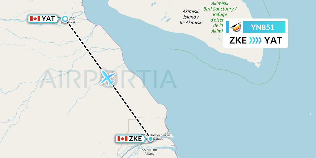 YN851 Air Creebec Flight Map: Kashechewan to Attawapiskat