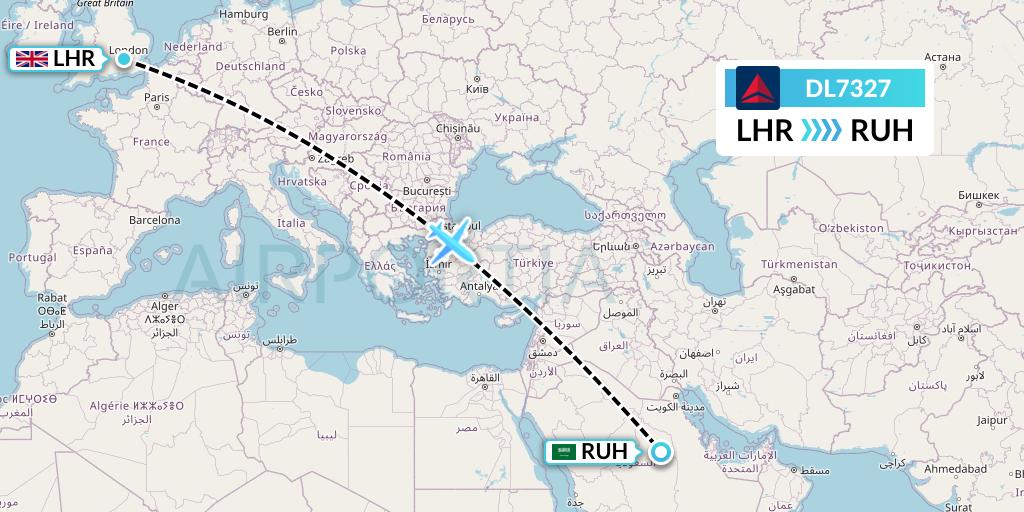 DL7327 Delta Air Lines Flight Map: London to Riyadh