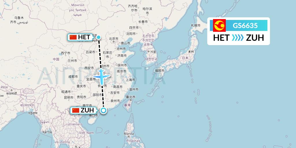 GS6635 Tianjin Airlines Flight Map: Hohhot to Zhuhai