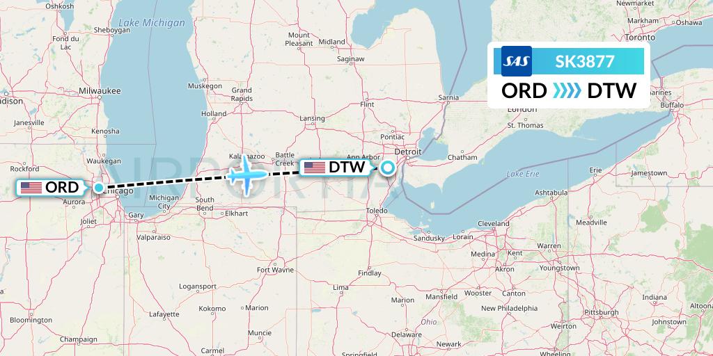 SK3877 SAS Flight Map: Chicago to Detroit