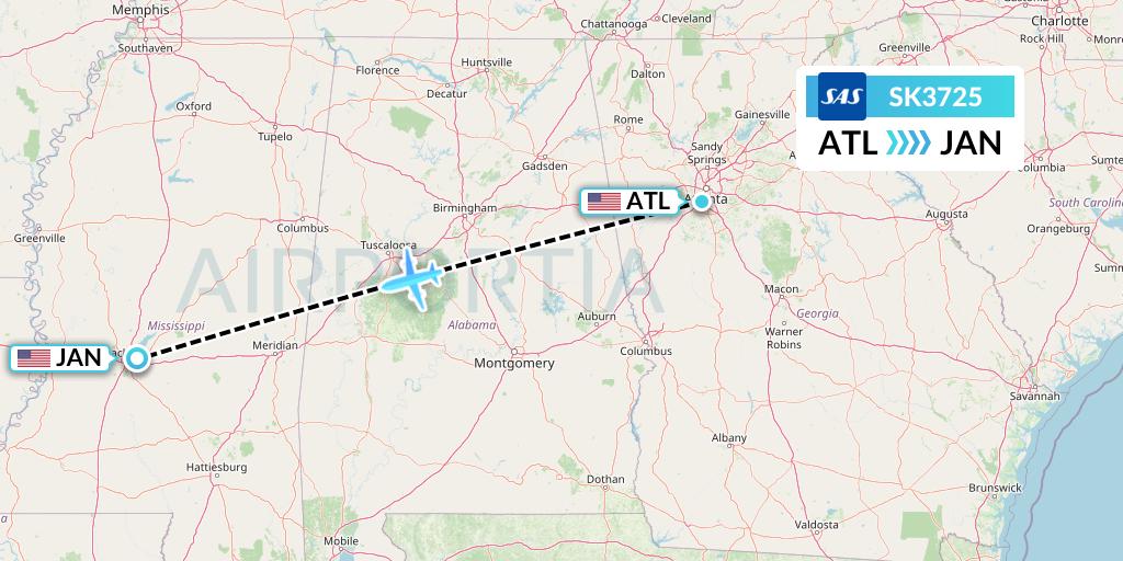 SK3725 SAS Flight Map: Atlanta to Jackson