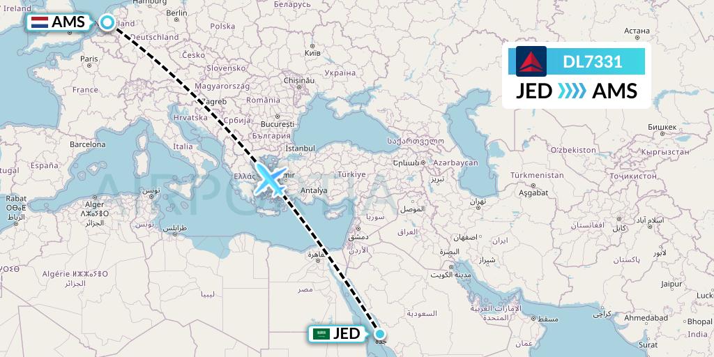 DL7331 Delta Air Lines Flight Map: Jeddah to Amsterdam