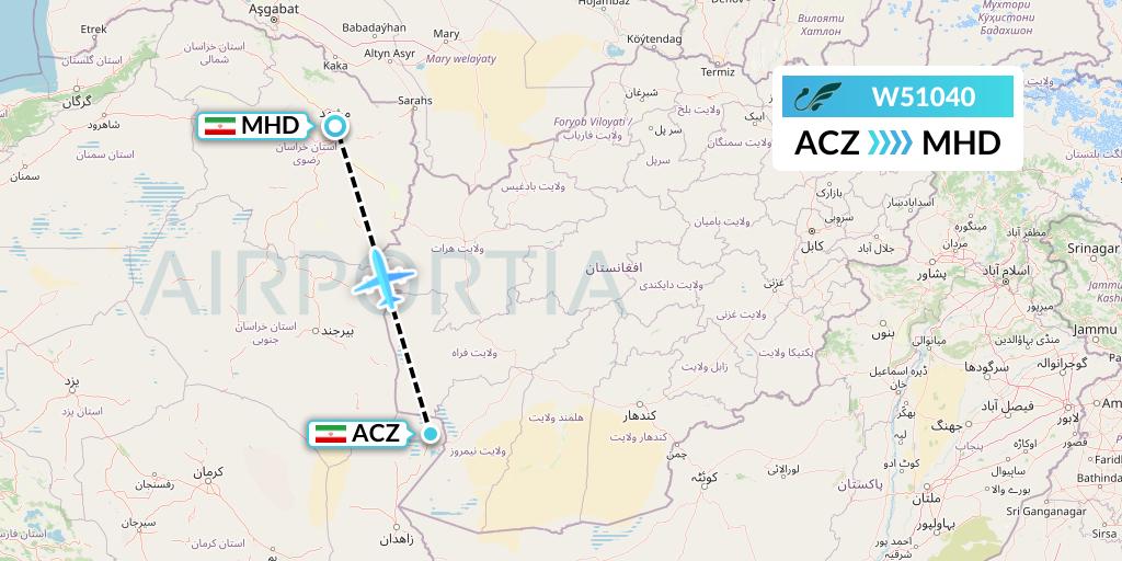 W51040 Mahan Air Flight Map: Zabol to Mashhad