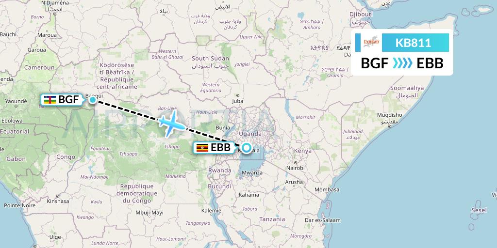 KB811 Druk Air Flight Map: Bangui to Entebbe