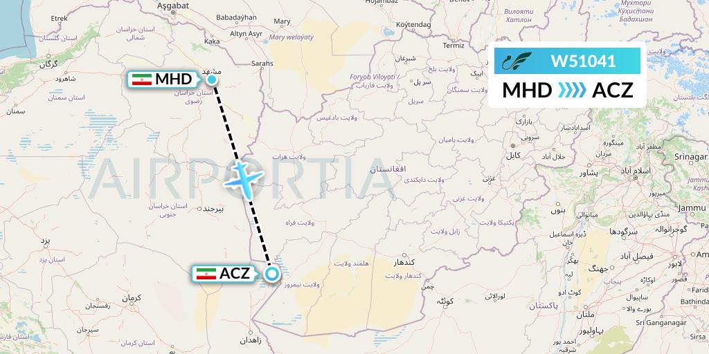 W51041 Mahan Air Flight Map: Mashhad to Zabol