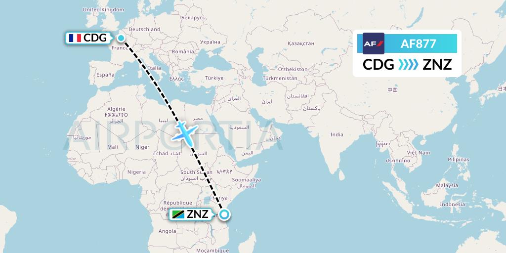 AF877 Air France Flight Map: Paris to Zanzibar