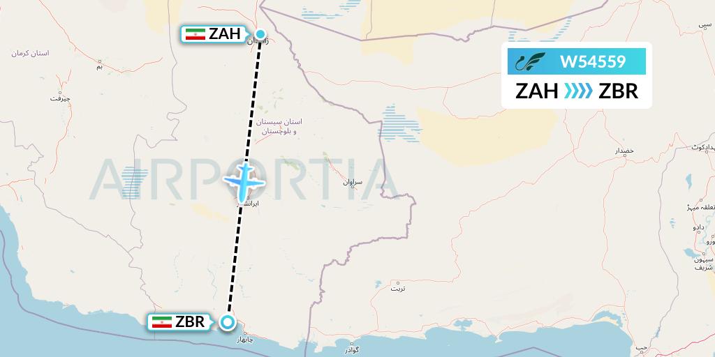 W54559 Mahan Air Flight Map: Zahedan to Chabahar