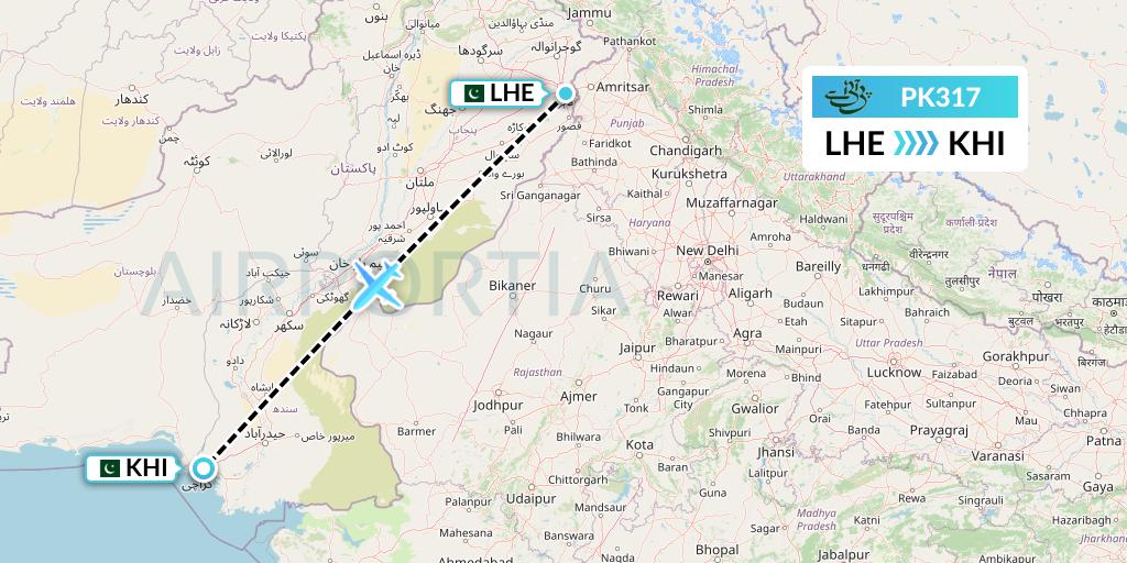 PK317 Pakistan International Airlines Flight Map: Lahore to Karachi