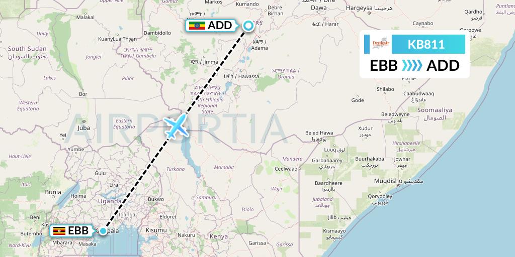 KB811 Druk Air Flight Map: Entebbe to Addis Ababa