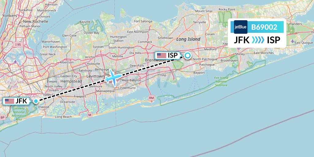 B69002 JetBlue Airways Flight Map: New York to Islip