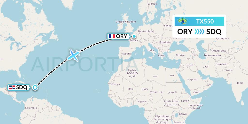 TX550 Air Caraibes Flight Map: Paris to Santo Domingo
