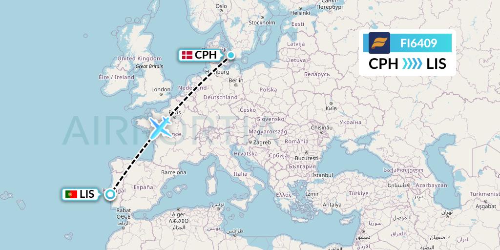 FI6409 Icelandair Flight Map: Copenhagen to Lisbon
